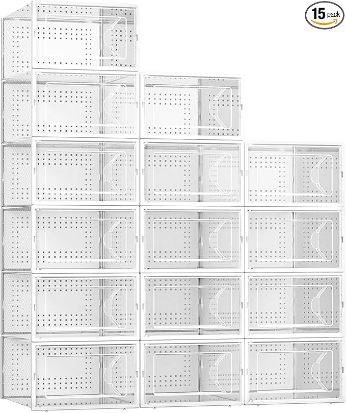 Kuject 15 Pack Shoe Storage Boxes, Large Clear Plastic Stackable Shoe Organizer for Closet, Connect Left and Right Shoe Boxes Case Container Bin for Entryway, Drop Front, Fit for Size 10 (White)