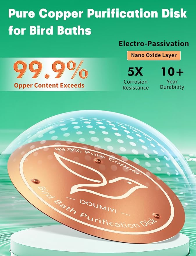 2-Pack Bird Bath Copper Disk, 0.6mm Thick 99.9% Pure Copper Cleaning Disk with Triple-Point Support, Safe Nature’s Purifier Clean Water All Season, Universal for Outdoor Birdbaths Bowls