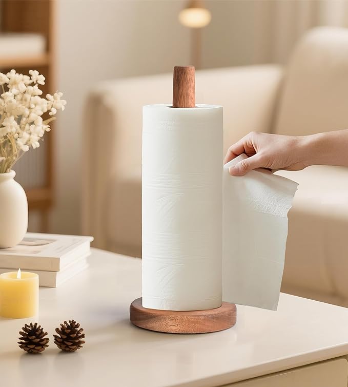 KitchLife Acacia Wooden Paper Towel Holder Countertop - Freestanding Paper Towel Dispenser Stand Organizer with Anti-Skid Base