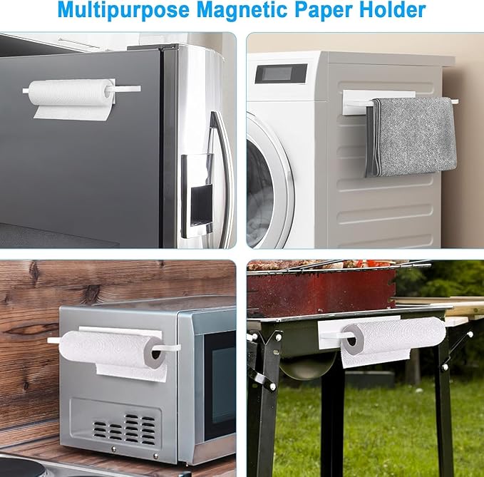 Paper Towel Holder Magnetic, Magnetic Paper Towel Holder for Fridge, Toilet Paper Roll Holder Magnet Towel Rack Wall Mount Shelf Bar for Towels Rolls Bathroom RV Dorm Kitchen Wall Decor, White 2 Pack