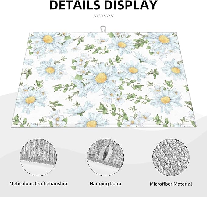 Watercolor Daisy White Dish Drying Mat for Kitchen Counter, Microfiber Absorbent Dish Draining Mat, Large Kitchen Drying Mat Heat Resistant Drying Pad for Dishes Utensils Countertops Sinks 18x24 Inch