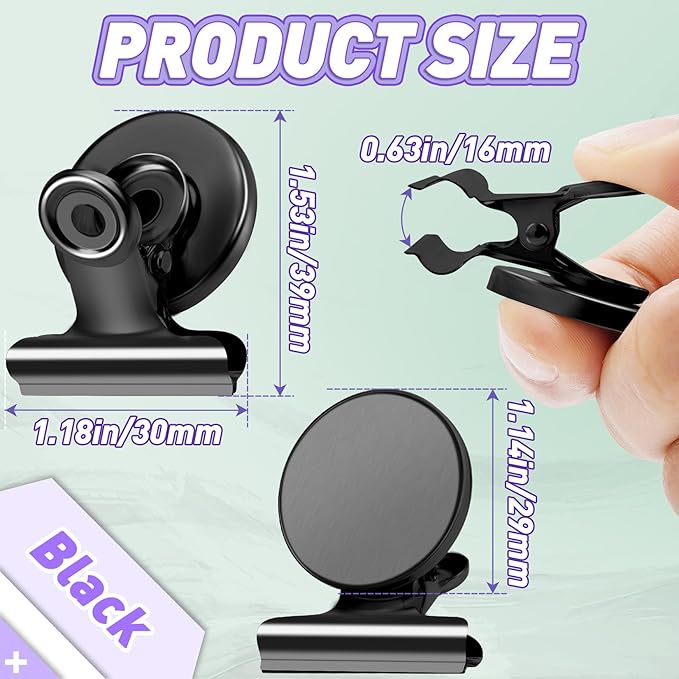 VNDUEEY 24 Pack Magnetic Clips Fridge Magnets, Strong Refrigerator Magnets for Hanging Photos, Heavy Duty Magnet Clips for Classroom, Whiteboard and Office (Black)