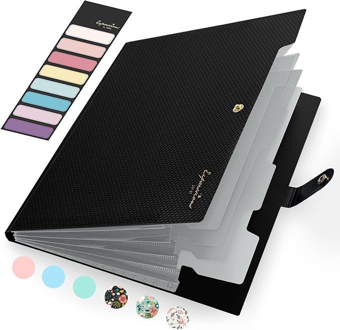Sooez Accordion File Organizer, Letter Size Expanding File Folder with Labels, 5 Pocket Folders for Document, Portable Paper Bill Receipt Organizer for Home School Office Supplies, A4 Size, Black