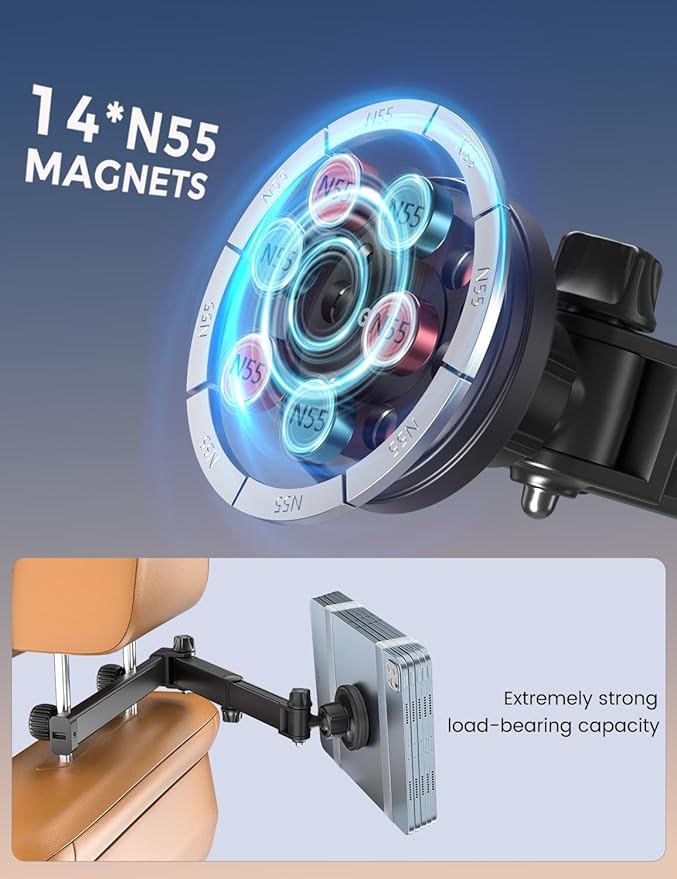 OHLPRO Magnetic Headrest Car Tablet Mount with Foldable Telescopic Arm for iPad Car Holder Back Seat Road Trip Essentials for Kids, Fit for Magsafe Phone iPad Galaxy Tab Tablet Kindle Surface Fire HD