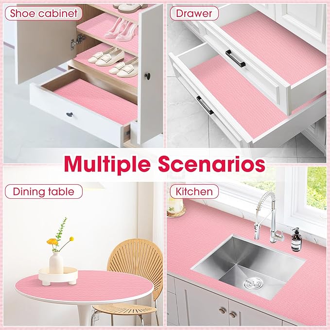 Drawer and Shelf Liner, Non-Slip Kitchen Cabinet Liners Non-Adhesive Thick Strong Grip Waterproof Washable Mats Protect Dresser Shelves Cupboard Bathroom Cabinets, Pink, 24 in X 10 FT