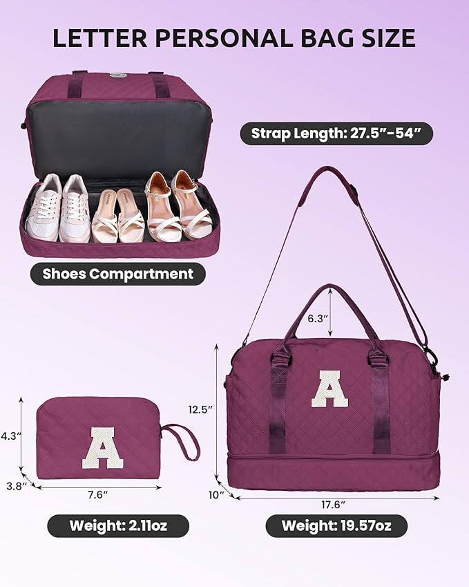 Easter Gift-Stuff for Girls 10-12-Initial Travel Bag with Shoe Compartment, Personalized Weekender Bag, Monogram Overnight Bag for Women, Letter Girls Travel Bag with Makeup Bag (Letter C)
