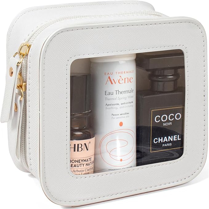 Small Clear Makeup Bag Travel Cosmetic Case Transparent Toiletry Bag with Zipper, Portable Make Up Bag Organizer Traveling Car Accessories for Women(White, Mini)