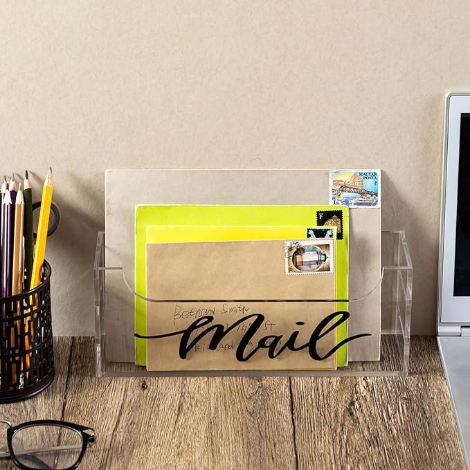 MyGift Premium Clear Acrylic Mail Holder with Decorative Black Cursive Mail Label, Modern Wall Mounted or Tabletop Mailbox, Letter Storage Organizer Box