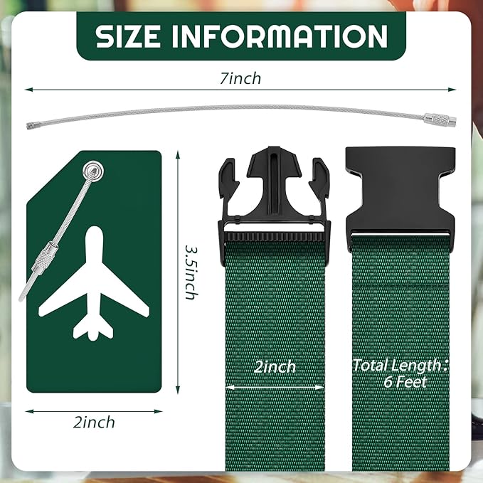 Weewooday 8 Pcs Luggage Straps Suitcase Tags Set for TSA Approved, 4 Travel Adjustable Suitcase Belt, 4 Silicone Luggage Tags with Name ID Card Travel Accessories(Dark Green,Airplane)