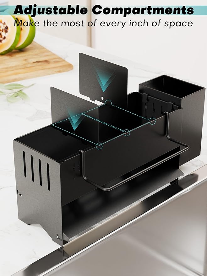 Sponge Holder for Kitchen Sink, Space-Saving Sink Caddy with Brush Holder, Kitchen Countertop Organizers and Storage Essentials, Rustproof & Slip Resistant