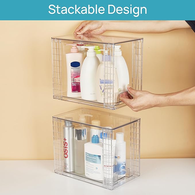Vtopmart 4 Pack Clear Stackable Storage Drawers, 9.7" High Plastic Organizers Bins for Skincare, Bathroom Supplies, Ideal for Cabinet, Undersink, Vanity, Kitchen, Pantry Organization
