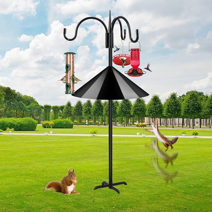 FEED GARDEN Heavy Duty Shepherds Hook Squirrel-Proof Bird Feeder Pole 92" Triple Hooks 5-Prong Base & 19" Baffle for Outdoor Feeders & Plants