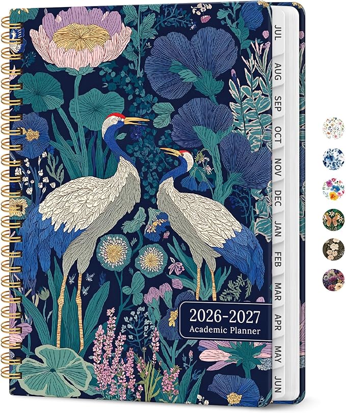 Planner 2026-2027, Academic Year Monthly and Weekly Calendar Planner, Jul 2026 - Jun 2027, Hardcover Teacher Student Planning Agenda book with Tabs, Perfect for School Office Supplies, 6.3" x 8.5" - Midnight Cranes