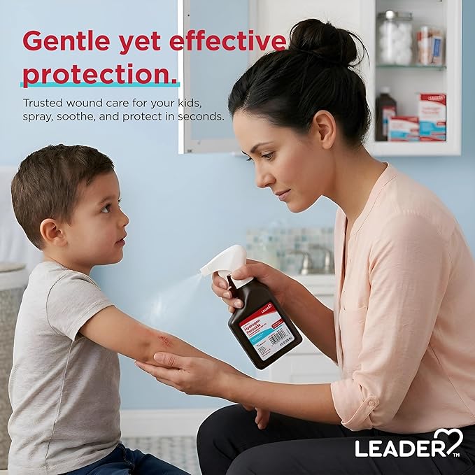 Leader Hydrogen Peroxide 3% Topical Solution, First Aid Antiseptic, Multi-Purpose Cleaner, Gentle & Effective Spray for Home, Cuts, and Scrapes, Easy-to-Use, 8 Fl Oz Spray Bottle (2 Pack)