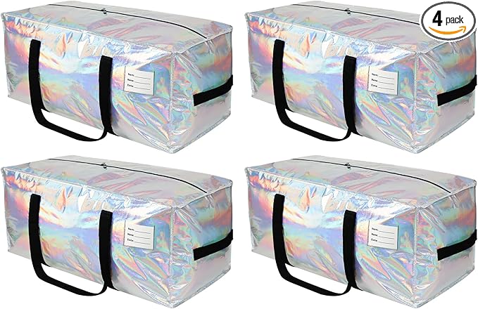 4 Pack Heavy Duty Moving Bags Extra Large Waterproof Foldable Clothing Storage Totes Bags with Zipper,Reinforced Handles,Packing Moving Boxes for Dorm & Seasonal Storage,Iridescent