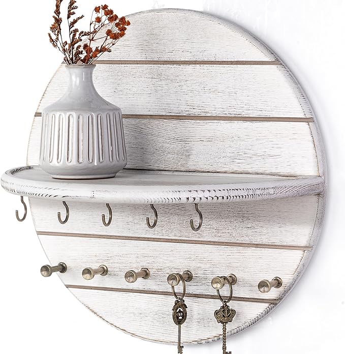 Rebee Vision Pine Wood Key Holder Wall Mount - 12 Inch Decorative Key Holder for Wall with Shelf and 11 Hooks - Farmhouse Mail Organizer for Apartment Essentials & Home Decor (Old White)