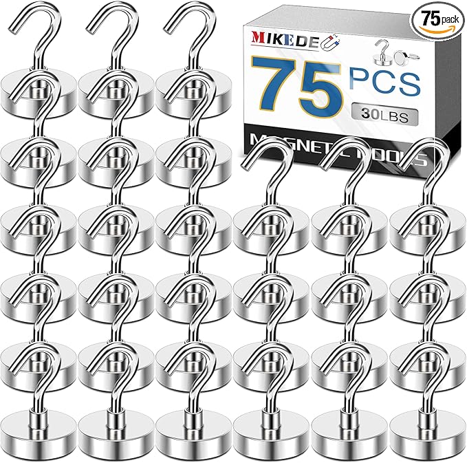 MIKEDE 30LB Magnetic Hooks Strong Neodymium Magnets Hooks for Hanging, Earth Magnetic Hooks Heavy Duty for Refrigerator, Extra Cruise Hooks for Kitchen, Classroom, Workplace,Grill 75PCS