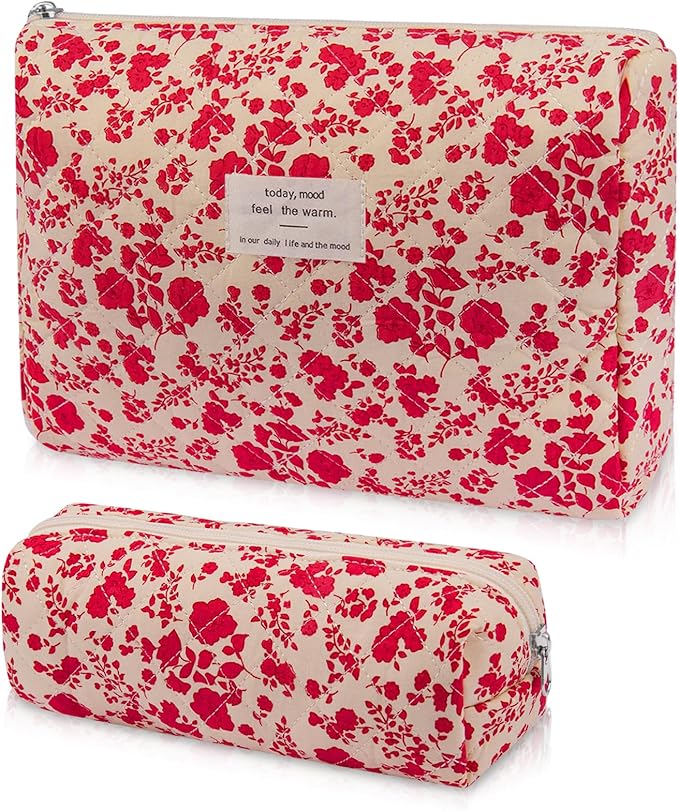 2PC Makeup Bag Set, Cute Cosmetic Bag for Women Girls, Floral Coquette Aesthetic Toiletry Bag, Travel Make Up Organizer Bag (Beverly)