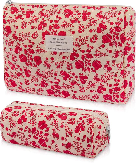 2PC Makeup Bag Set, Cute Cosmetic Bag for Women Girls, Floral Coquette Aesthetic Toiletry Bag, Travel Make Up Organizer Bag (Beverly)