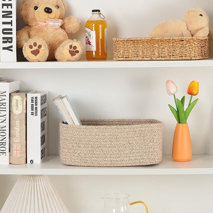 MiniArk Small Storage Baskets for Organizing | Closet Organizer Bins | Shelf Toy Basket | Woven Rope Baskets | Cube Decorative Box | Shallow Basket | 11.5x7.5x4.7” | 3 Packs Mixed Brown