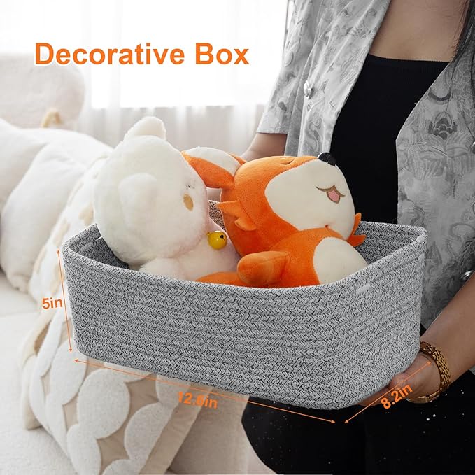 Ordn2Ordn Small Storage Baskets for Organizing, Woven Storage Bins for Shelves, Empty Gift Basket, Cute Decorative Closet Organizer, Baby Rope Basket, Dog Toy Storage, 12.6x8.2x5”, 3-Pack Mixed Gray