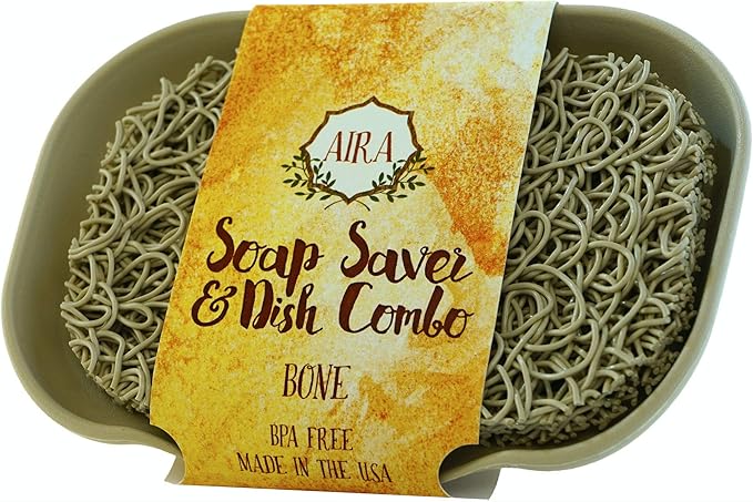 Aira Soap Saver - Soap Dish & Holder Accessory - USA Made, BPA Free - Drains Water, Circulates Air - Extends Soap Life - Fits All Dish Sets - Bone Dish Combo