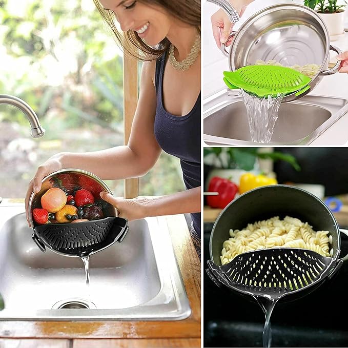2 Pcs Clip on Strainer, Pot Strainer for Pasta Meat Vegetables Fruit, Silicone Strainers - Fit All Pots Bowls.