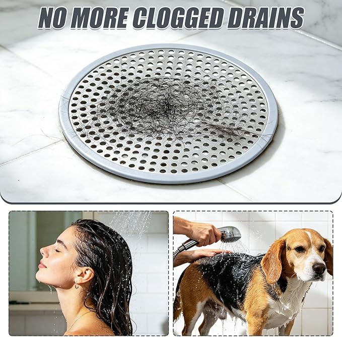 Shower Drain Cover, 4.72" Diameter Round Shower Drain Hair Catcher, Suitable for Bathroom and Kitchen, with Stainless Steel and Silicone Edges (Silver)