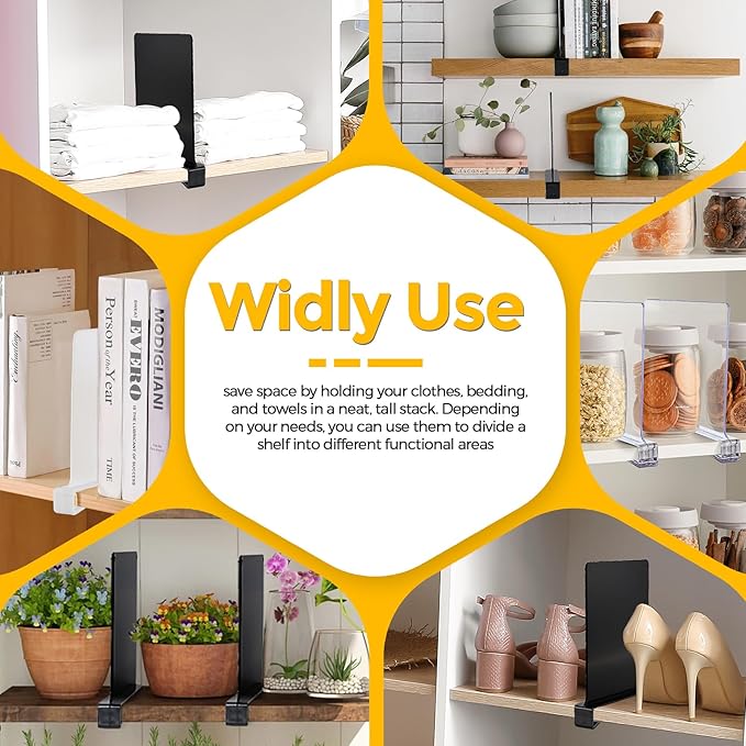 JOY DECOR 12 Pack Acrylic White Shelf Dividers for Closets Organizer and Storage Adjustable Vertical Wood Shelf Closet Separators for Clothes, Book, Bags in Bedroom and Kitchen