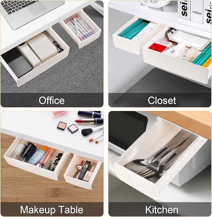 YOOUSOO 2 Pack Under Desk Drawer Storage, Under Desk Organizer, Hidden Self-Adhesive Desks Drawers Slide-out, Stick on Desks Drawer White, Under Mount Drawers for Office/Classroom/Home