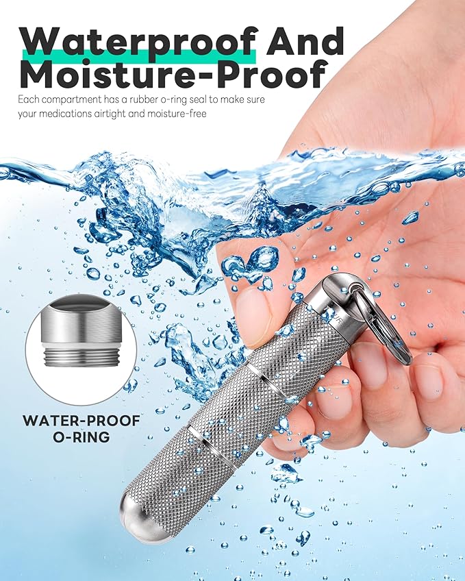 TISUR Titanium Keychain Pill Holder Small Metal Pill Case, Pill Organizer Portable Waterproof Pill Container, Travel Pill Bottle Box for Purse (Small-0.51in 3 Separate Compartments)