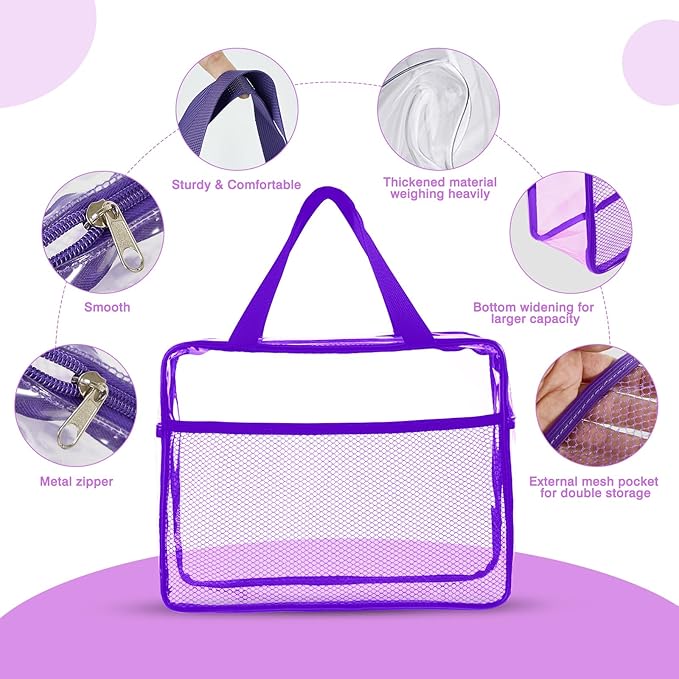 XEWEA Clear Travel Toiletry Bags, 3 Pack TSA Approved Transparent Makeup Bag for Men Women, Large Waterproof PVC Quart Organizer with Zipper for Toiletries Airline Essential,Toy Storage Pouch Purple