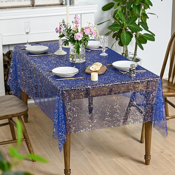 Horaldaily Royal Blue Gold Gauze Tablecloth 60x104 Inch Rectangular, Golden Sequin Glitter Metallic Foil, Sheer Tulle Cheesecloth for Wedding Baby Shower Ceremony Birthday