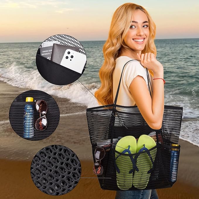 Tainehs Beach Mesh Tote Bag for Women, Large Travel & Pool Bag, Lightweight Vacation Cruise Tote (Inside Out – Flip to Use)