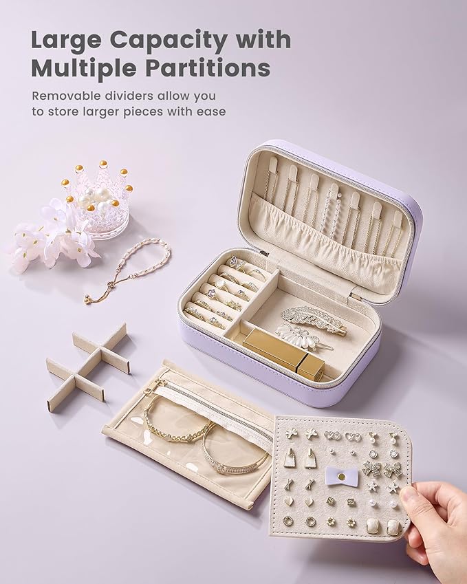 Lolalet Travel Jewelry Case for Women Girls, Travel Jewelry Organizer with Clear Storage Bag Small Portable Jewelry Box for Necklace Bracelet Earring Ring Valentines Bridesmaid Gifts -Medium/Purple