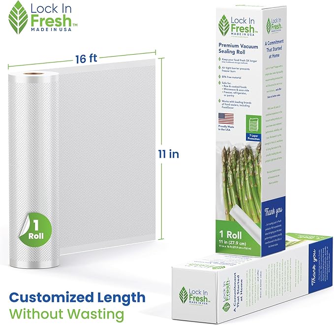 Vacuum Sealer Bags for Food - Heavy Duty Food Saver Vacuum Sealer Bag Rolls - Sous Vide, Seal a Meal Bags, 1-pack, 11" x 16' - Made in the USA