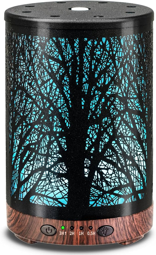 Essential Oil Diffuser 120ML Metal Aromatherapy Diffuser, Cool Mist Humidifier with Auto Shut-Off Protection 7 Color Lights for Home Office Spa (Tree)