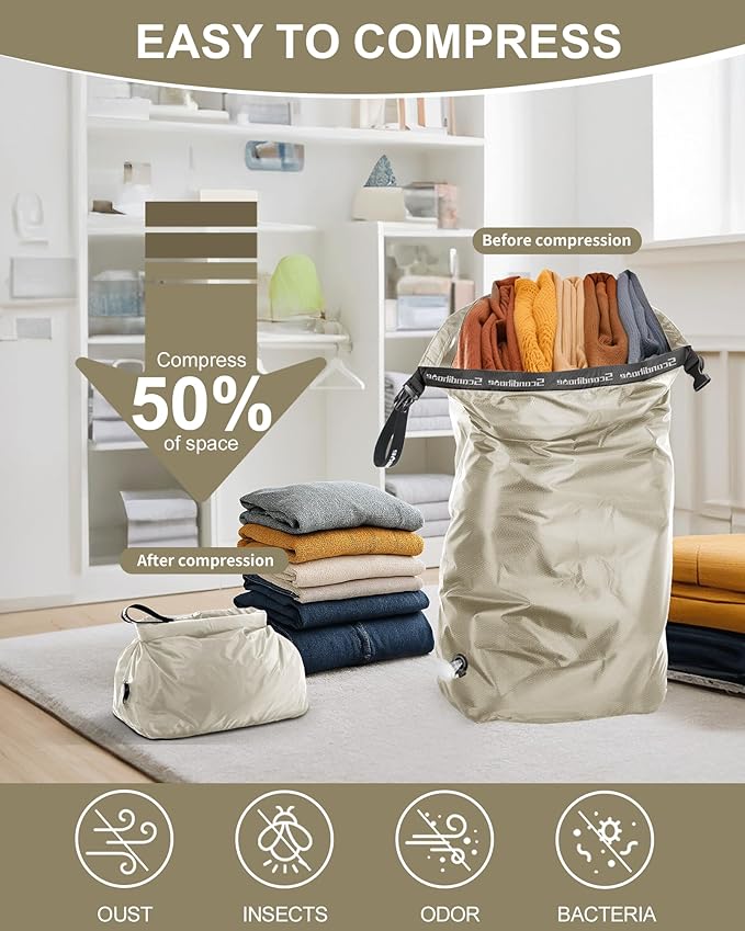 Travel Laundry Bag, Pump-Free Vacuum Compression Dirty Clothes Bag, Medium Reusable Waterproof & Washable Laundry Bag, Wet and Dry Bag, Ideal for Suitcases, Laundromats (1 Pcs) Gray