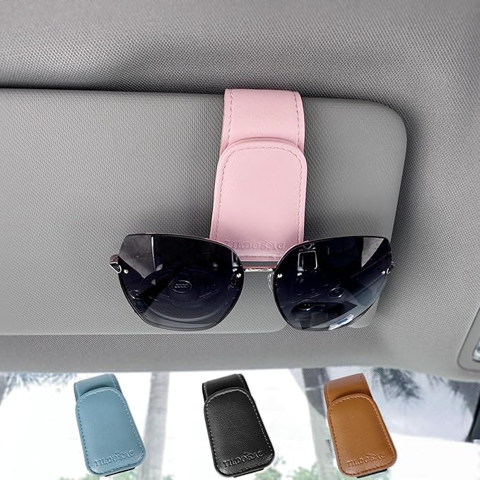 Sunglasses Holder for Car Visor, Leather Magnetic Glass Holder for Car, Sunglass Clip for Car Visor, Pink