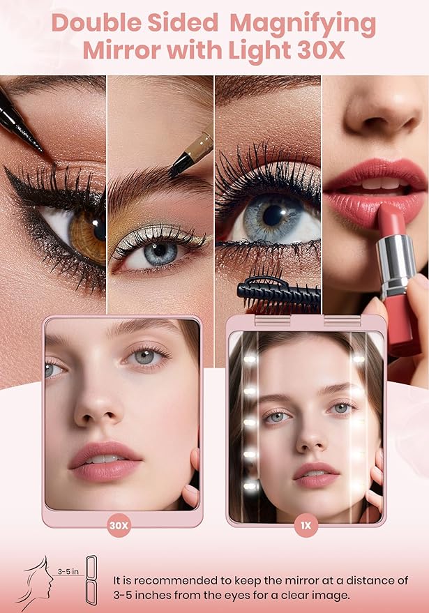 Compact Mirror, Rechargeable 30X Magnifying Mirror with 3 Lighting Modes & Dimmable Brightness, Portable Travel Makeup Mirror with Light, Essentials for Travel, Pocket, Purse, Gifts for Women Pink