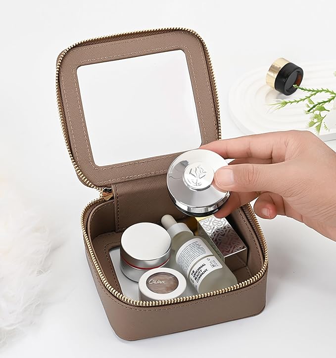 Aveniee Mini Clear Makeup Bag, Small Travel Toiletry Bag Cosmetic Bags TSA Approved, Clear Makeup Case Pouch with Zipper, Car Organizer Essentials for Women Men,Taupe