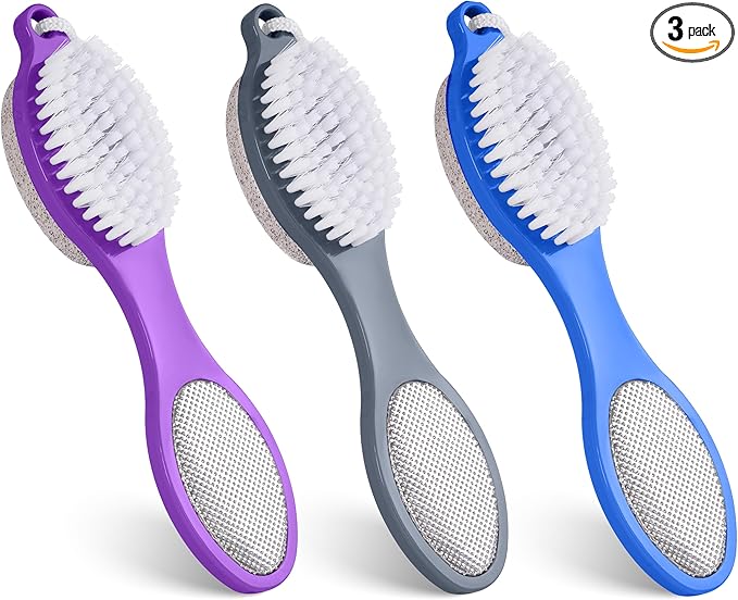 3 Pcs 4 in 1 Foot Brush for Use in Shower with Pumice Stone, Foot Rasp and Sandpaper, Foot Scrubber Brush for Feet, Dead Skin Remover for Foot Care (3 Colors)