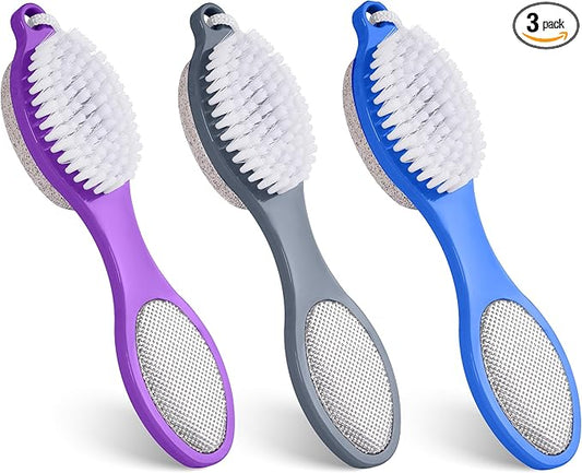 3 Pcs 4 in 1 Foot Brush for Use in Shower with Pumice Stone, Foot Rasp and Sandpaper, Foot Scrubber Brush for Feet, Dead Skin Remover for Foot Care (3 Colors)