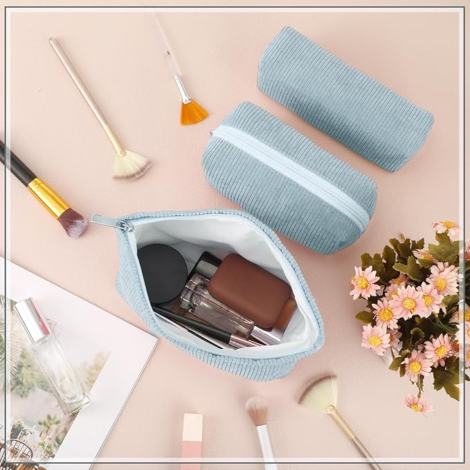 3 Pcs Makeup Bag Set for Women Corduroy Cosmetic Pouch Aesthetic Smile Travel Toiletry Bag Cute Purse Pouch Pencil Case Makeup Brushes Storage Organizer for Christmas(Blue,Solid Style)