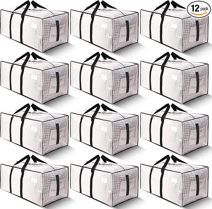HOMESURE Supports 200lbs Heavy Duty Moving Bags - Strong Zipper & Wrap-Around Handles - Water-Resistant Storage Totes, Durable Alternative to Moving Boxes - 12 Pack - Semi-Transparent