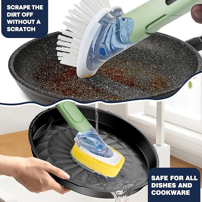 Dish Brush with Soap Dispenser Storage Set with 2 PCS Brush Refills & Holder, Dish Scrubber with Soap Dispenser, Dish Soap Brush, Dish Wand with Soap Dispenser for Dishes, Pans, Sink, Pots (Green)