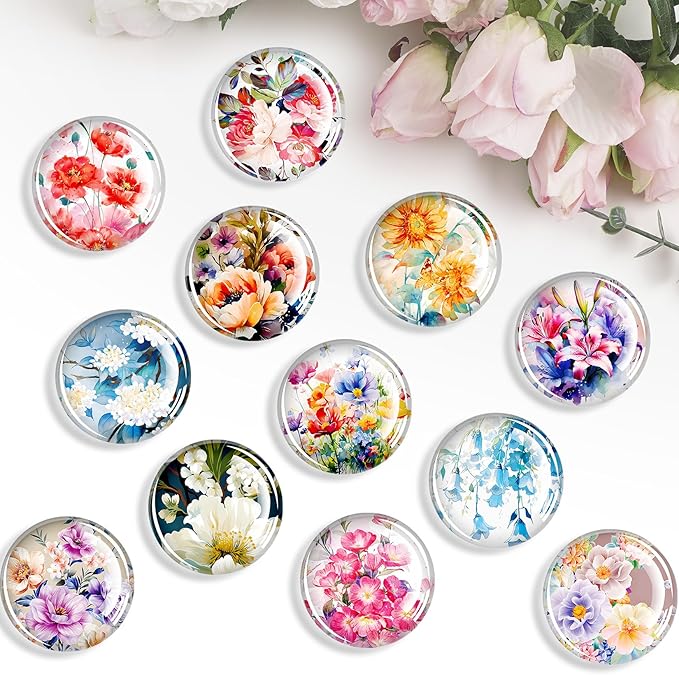 FINDMAG Refrigerator Magnets, 12 Pcs Glass Fridge Magnets for Festival, Flower Magnet for Fridge, Decorative Magnet Small Cute for Gift, Office, Home, Kitchen, Board, Locker, School