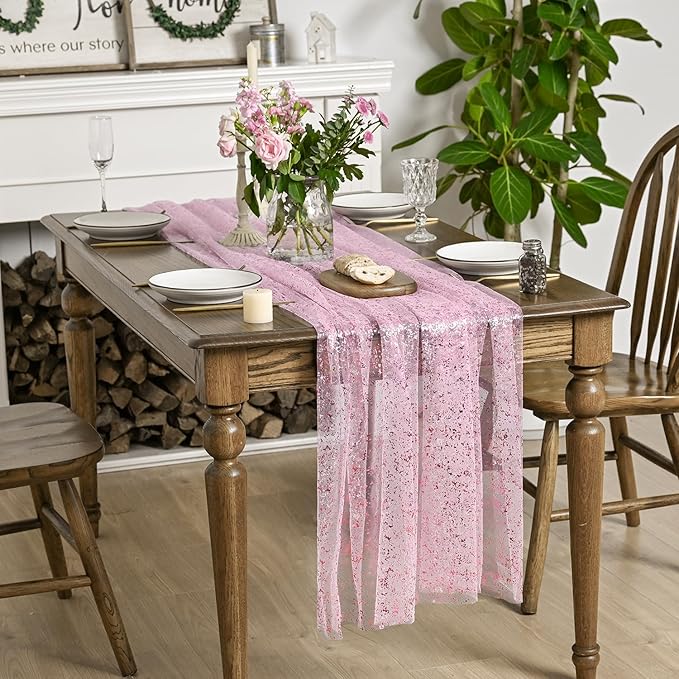 Horaldaily Pink Gold Gauze Tablecloth 60x120 Inch Rectangular, Pink Sequin Glitter Metallic Foil, Sheer Tulle Cheesecloth for Wedding Baby Shower Ceremony Birthday