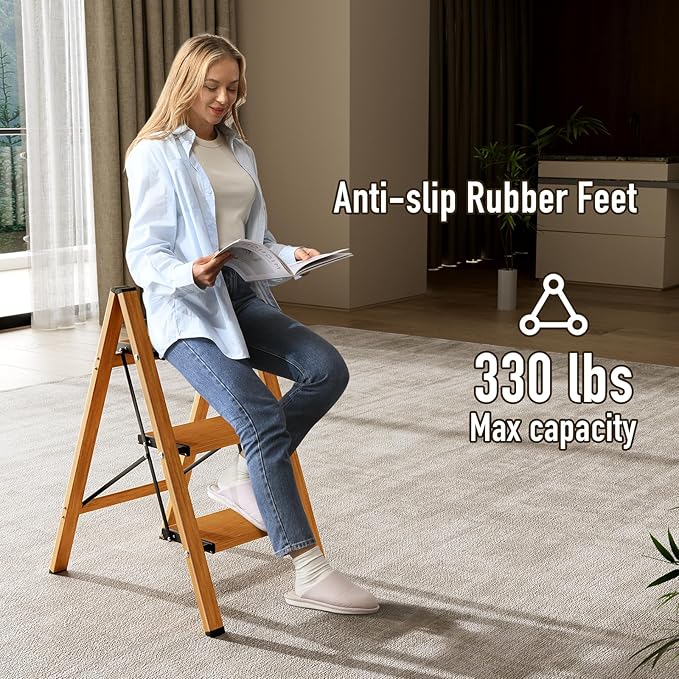 3 Step Ladder, Aluminum Folding Step Stool for Adults, Step Ladder with Wide Anti-Slip Pedal, 330 lbs Capacity for Home, Office, Kitchen, Library (Woodgrain)