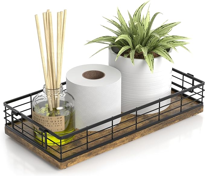 Toilet Paper Basket, 13 Inch Farmhouse Bathroom Basket MDF and Iron Tray Top of Storage Toiletries Organizer for Bathroom, Living Room and Kitchen (Rusty)